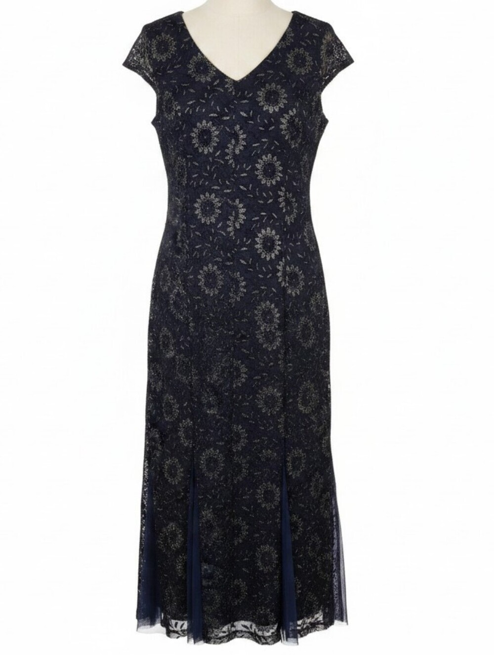 Candalite Navy Blue Silver Floral Long Gown Dress